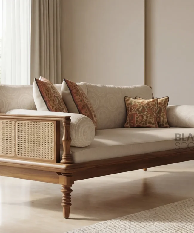 Heritage Solid Wood Cane Sofa with Upholstered Seating