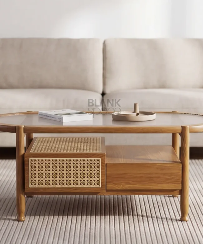 Cane Inlay Oval Center Table with Storage