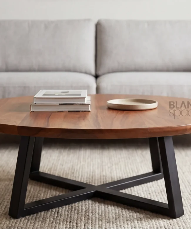 Solid Wood Round Center Table with Cross Metal Base