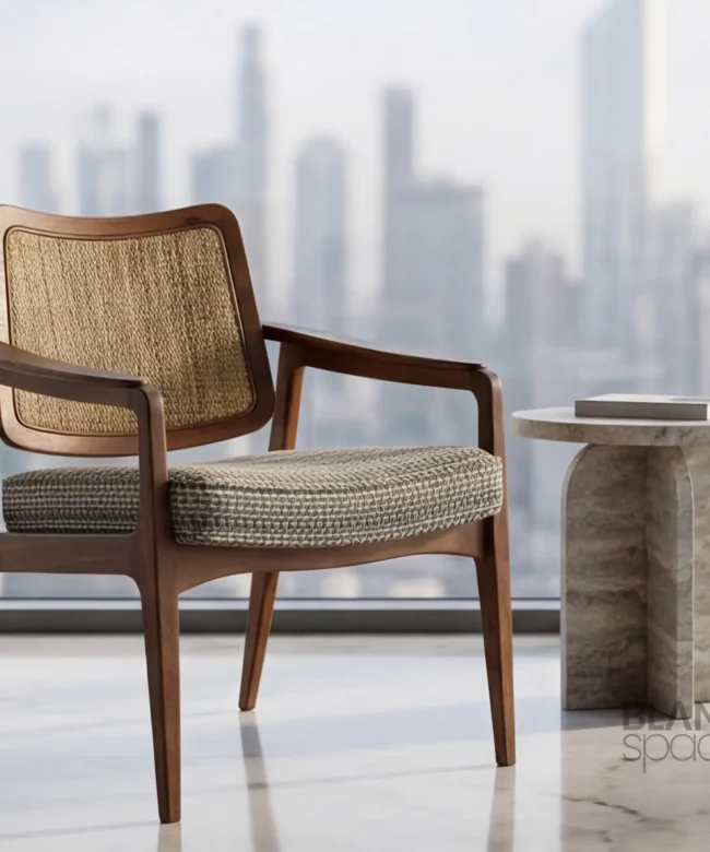 Luxury Wooden Cane Accent Chair with Upholstered Seat