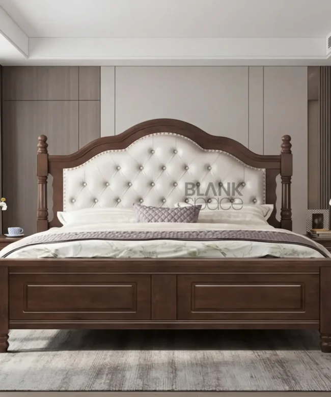 Luxury Solid Wood Bed with Upholstered Tufted Headboard