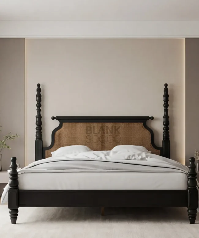Luxury Black Wooden Bed with Cane Headboard