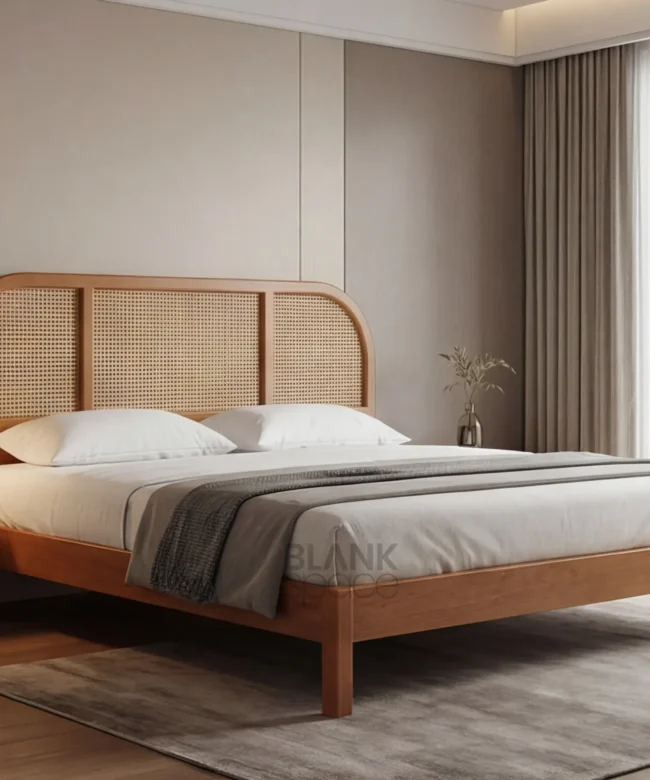 Modern Wooden Bed with Natural Cane Headboard