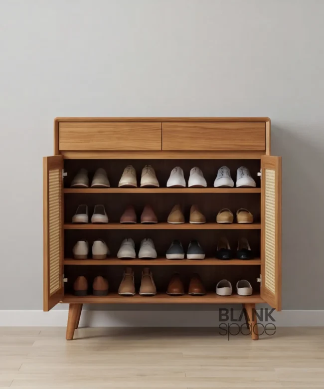 solid Wood Shoe Cabinet with Cane Doors & Drawer Storage