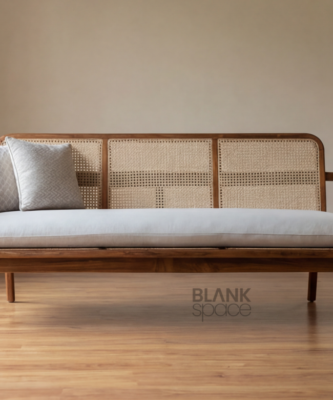 Solid Wood Cane Sofa with Upholstered Seat