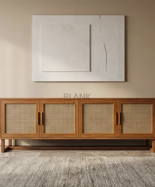 Modern Solid Wood Cane Sideboard Cabinet