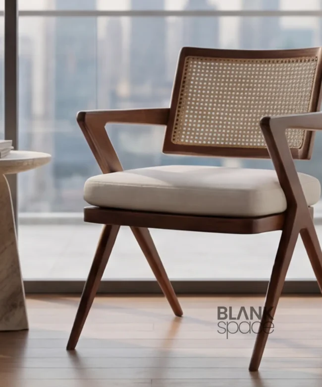 Premium Wooden Cane Accent Chair with Upholstered Seat