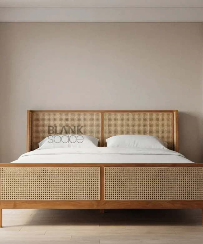 Modern Wooden Cane Bed with Upholstered Comfort