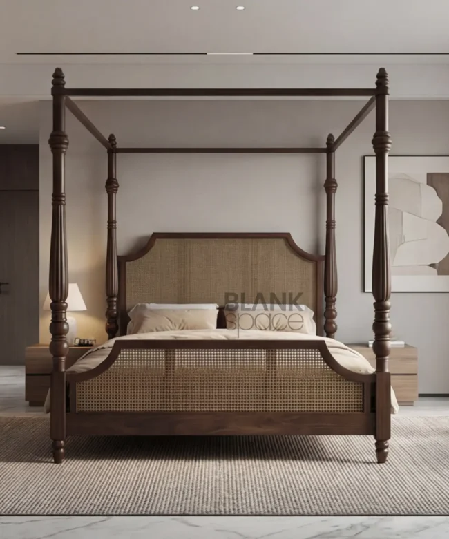 Luxury Solid Wood Canopy Bed with Cane Panels