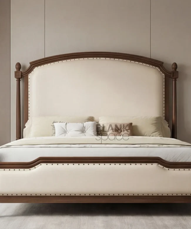 Luxury Solid Wood Bed with Upholstered Headboard & Footboard