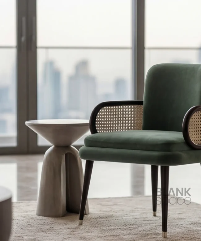 Upholstered Cane Accent Chair