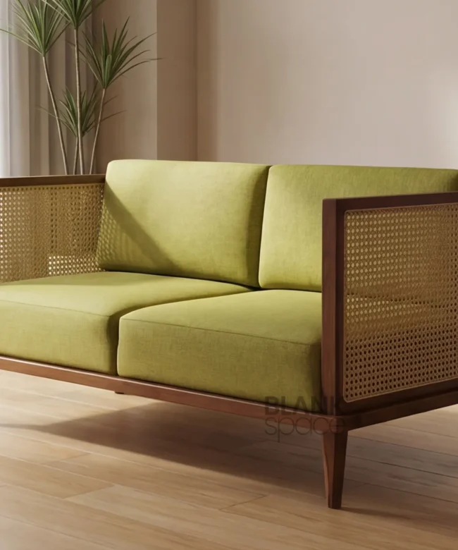 Solid Wood Sofa with Cane Side Panels