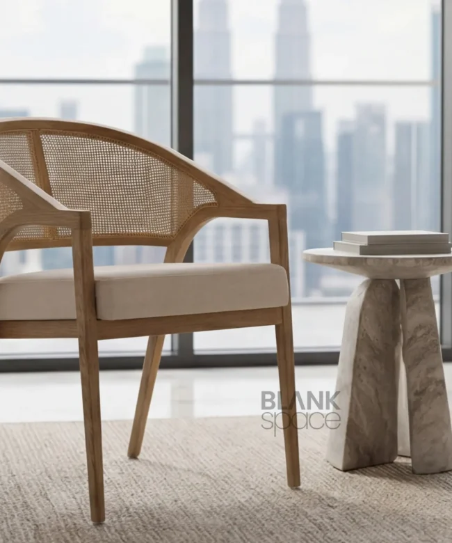 Modern Wooden Cane Back Chair with Upholstered Seat