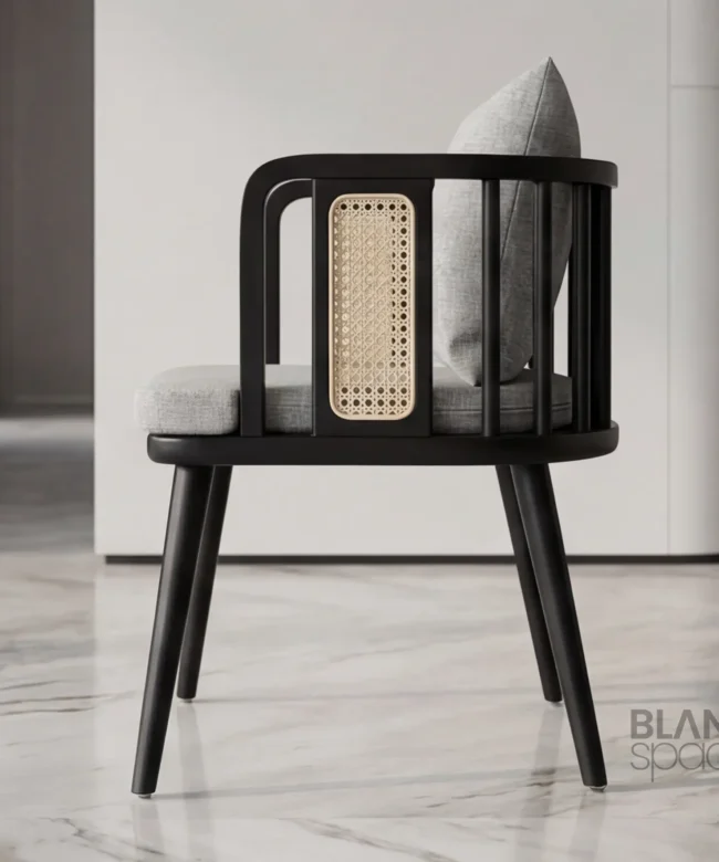 Luxury Black Cane Accent Chair with Upholstered Cushion