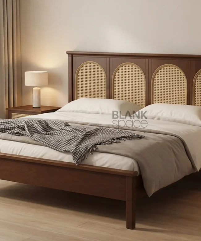 Solid Wood Bed with Hand-Woven Cane Headboard