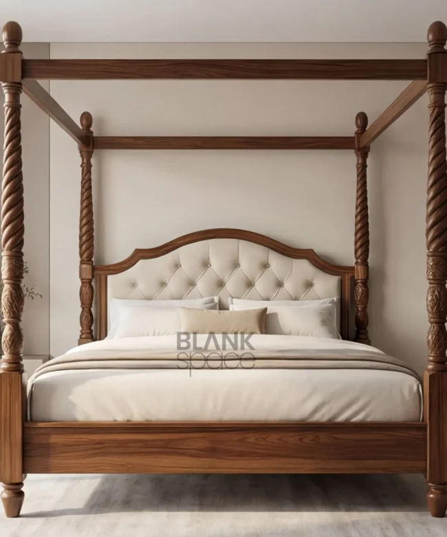 Luxury Solid Wood Canopy Bed with Upholstered Headboard