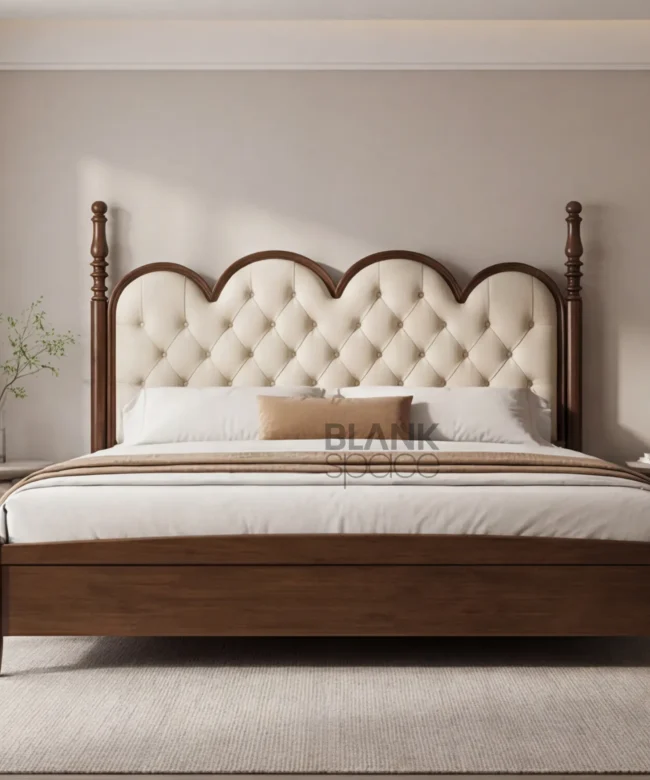 Classic Solid Wood Bed with Scalloped Tufted Upholstered Headboard