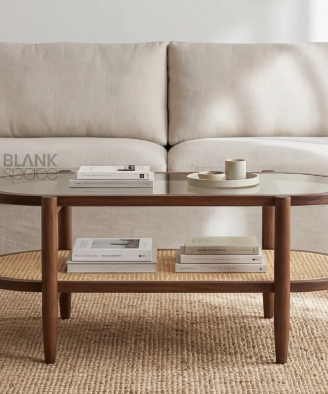 Modern Oval Wooden Coffee Table with Glass Top & Cane Shelf