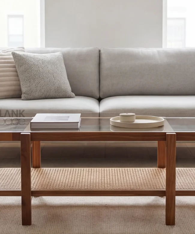 Solid Wood Coffee Table with Glass Top & Cane Shelf