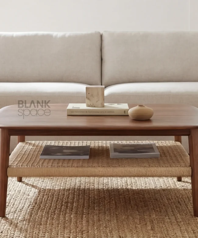 Solid Wood Coffee Table with Handwoven Rope Shelf