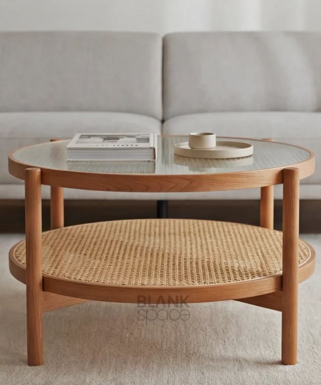 Round Wooden Coffee Table with Glass Top & Cane Shelf