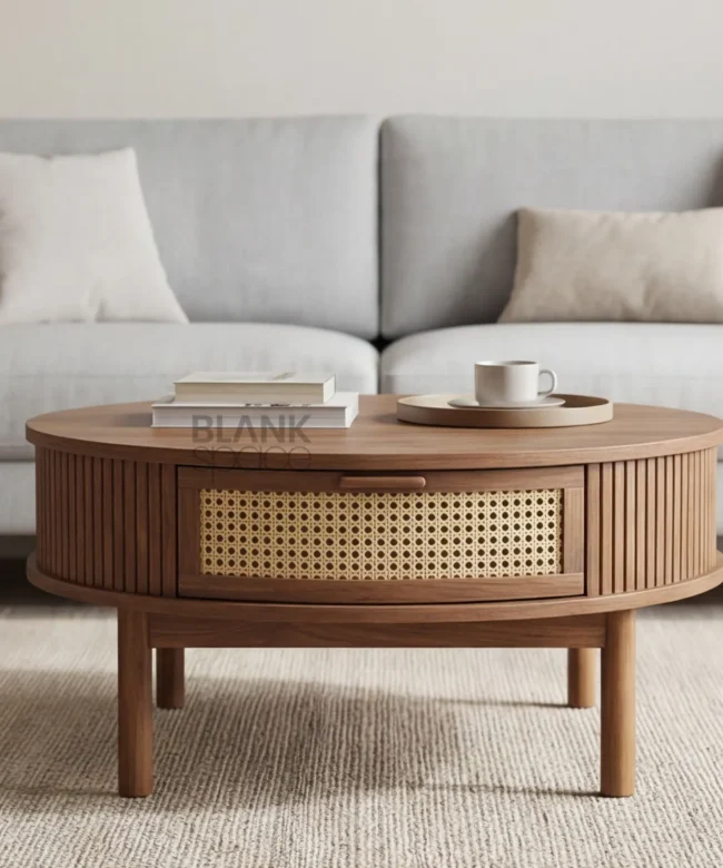 Round Wooden Coffee Table with Cane Drawer