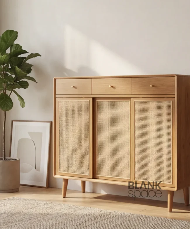 solid Wood Shoe Cabinet with Cane Sliding Doors & Top Drawers