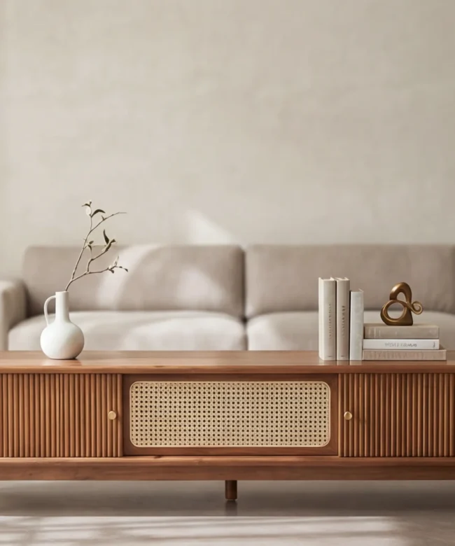Modern Solid Wood TV Console with Fluted Panels & Cane Door