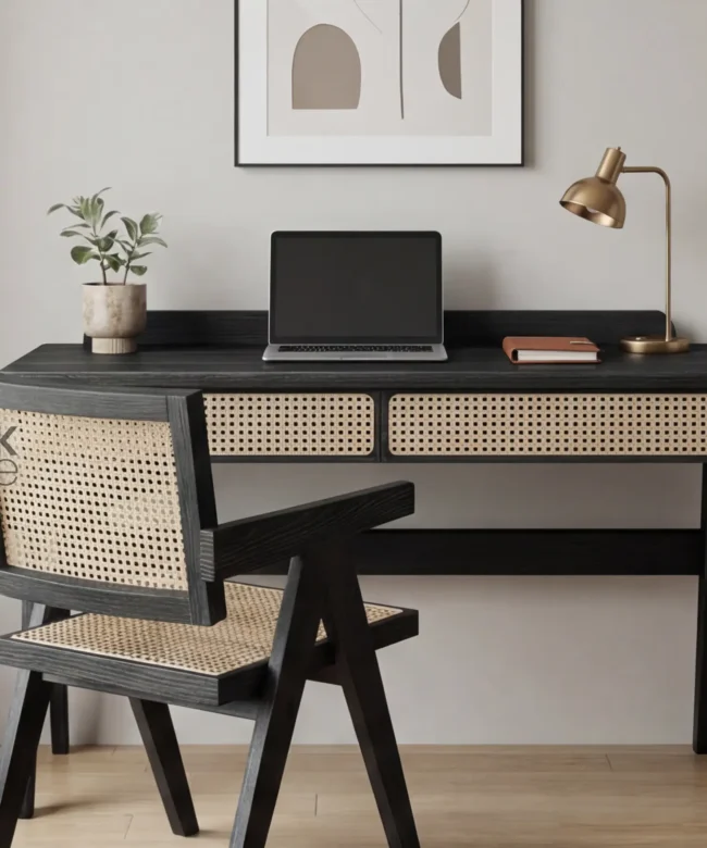 Modern Wooden Study Desk with Cane Drawers & Matching Chair
