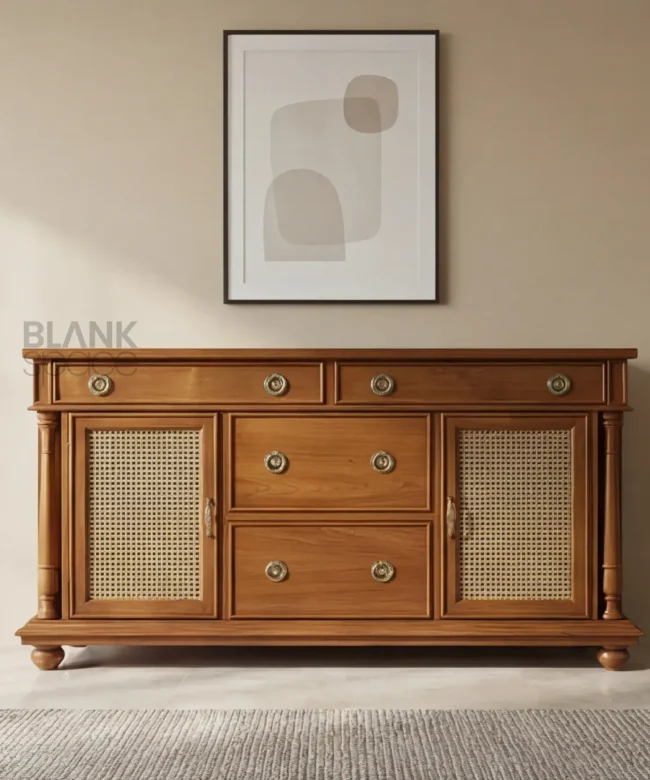 Solid Wood Sideboard Cabinet with Cane Panel Doors