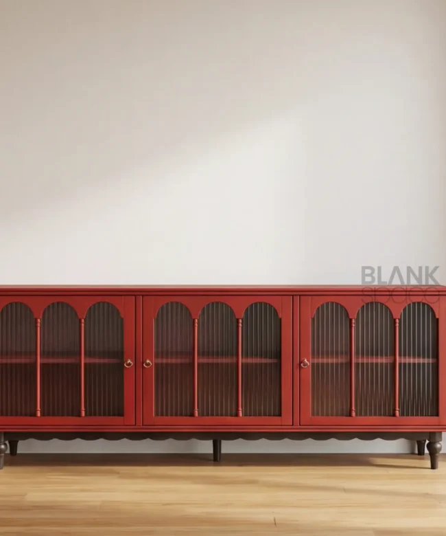 Elegant Red Wooden Sideboard Cabinet with Arched Glass Doors
