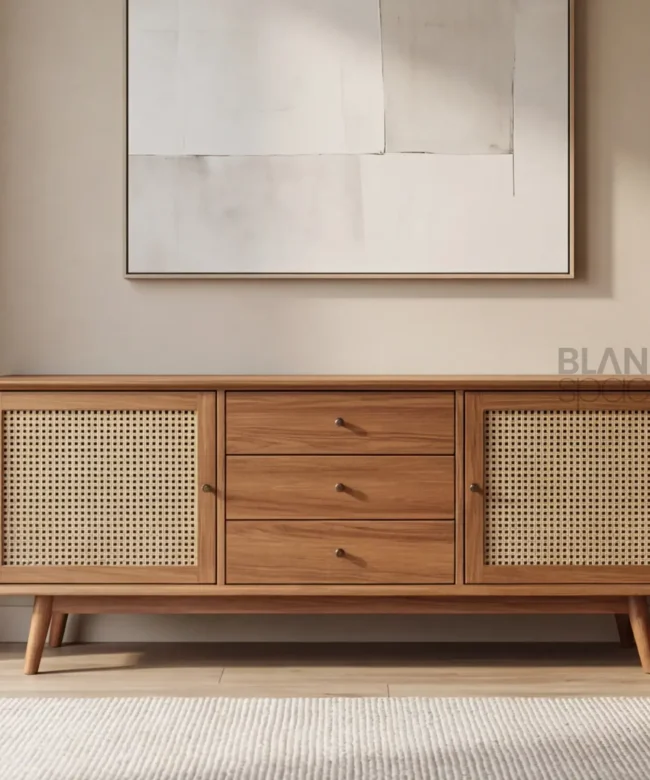 Solid Wood Cane Sideboard Cabinet