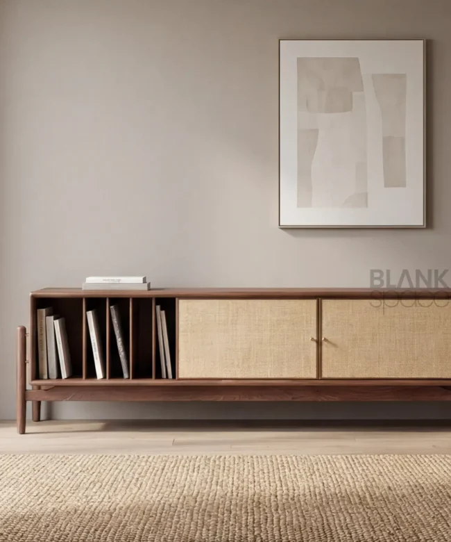 Solid Wood Media Console with Fabric Cabinet Doors