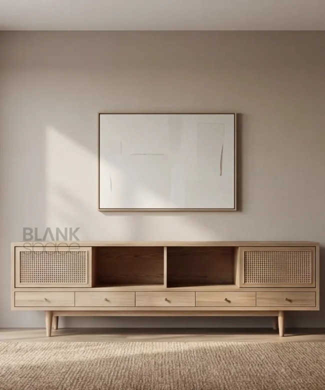 Modern Wooden TV Console with Cane Doors & Open Storage