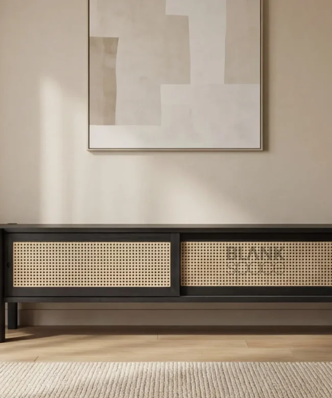 Black Wooden TV Console with Cane Panels