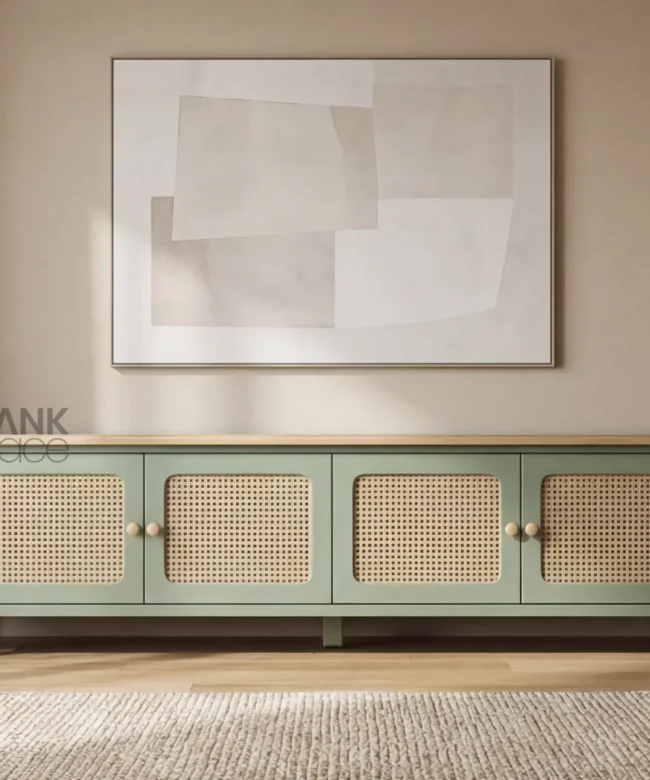 Sage Green Wooden TV Console with Cane Doors