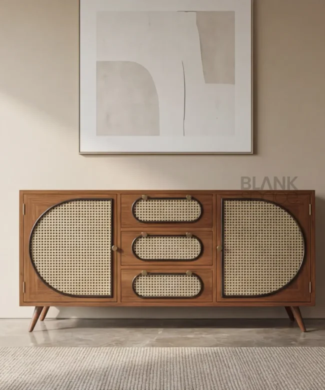 Designer Solid Wood Cane Sideboard with Curved Doors & Drawers