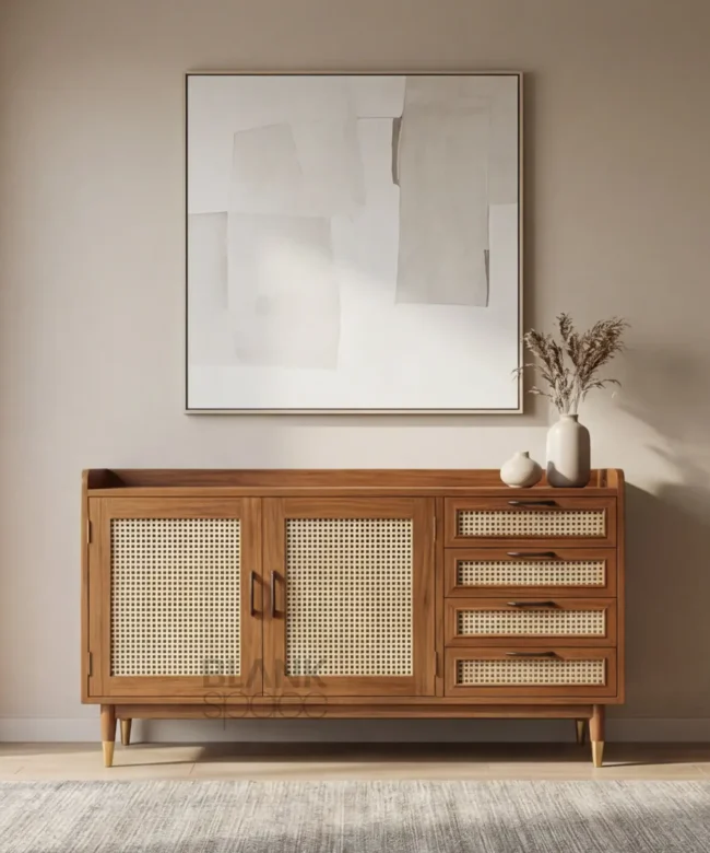 Modern Solid Wood Cane Sideboard with Drawers & Cabinets