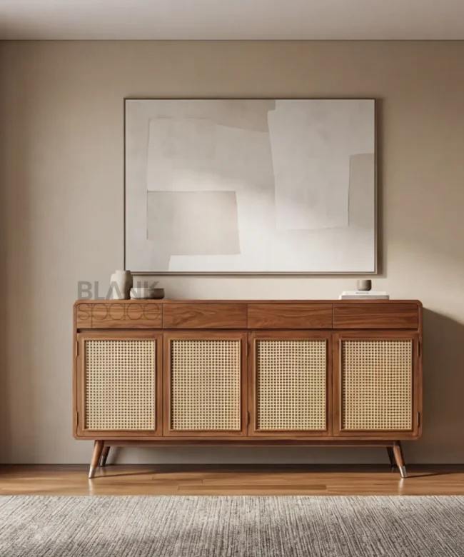 Modern Solid Wood Cane Sideboard Cabinet