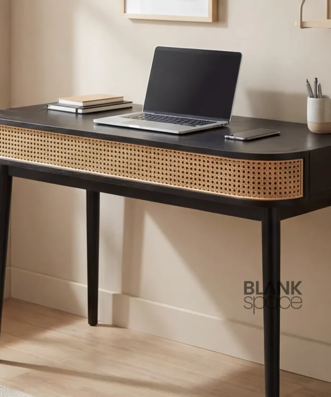 Modern Black Writing Desk with Natural Cane Panel