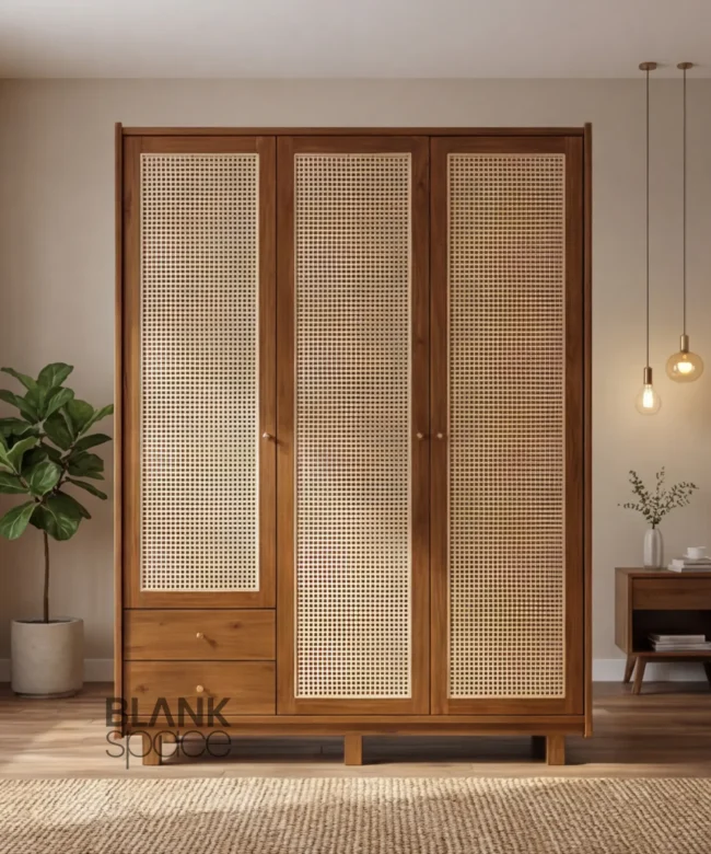 Solid Wood Cane Panel Wardrobe with Drawer Storage