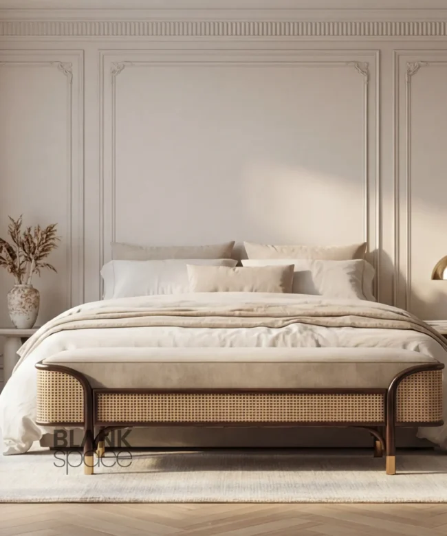 Luxury Upholstered Cane Bedroom Bench