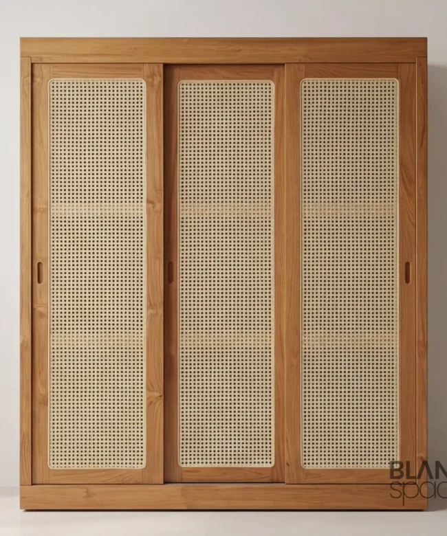 Natural Wood Cane Sliding Door Wardrobe