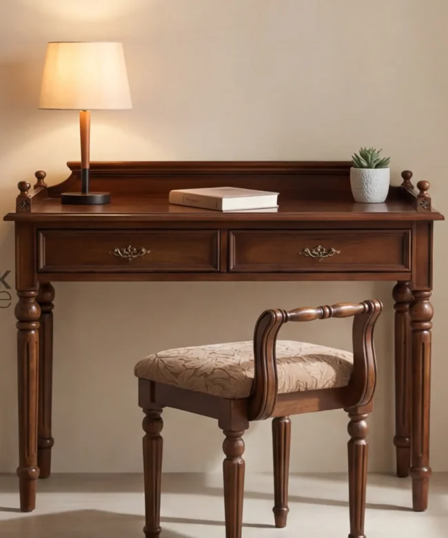 Classic Wooden Writing Desk with Upholstered Stool