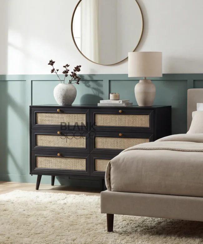 Modern Black Cane 6-Drawer Dresser
