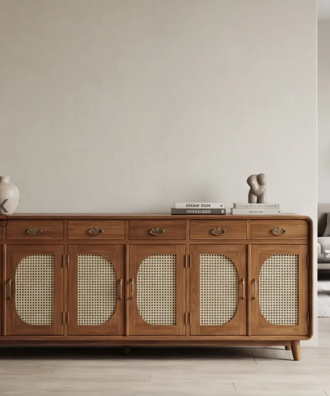 Solid Wood Sideboard Cabinet with Cane Panel Doors