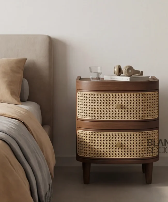Solid Wood Bedside Table with Cane Drawer Fronts