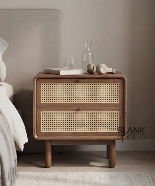 Solid Wood Bedside Table with Cane Drawer Fronts