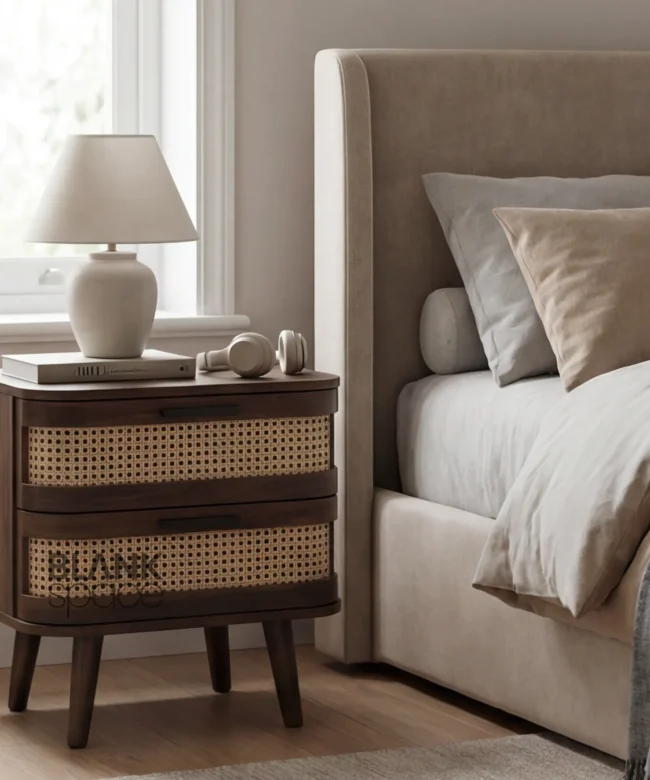 Solid Wood Bedside Table with Cane Drawer Fronts