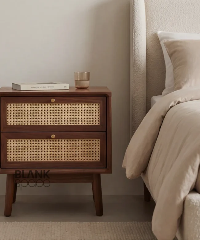 Solid Wood Bedside Table with Cane Drawer Fronts